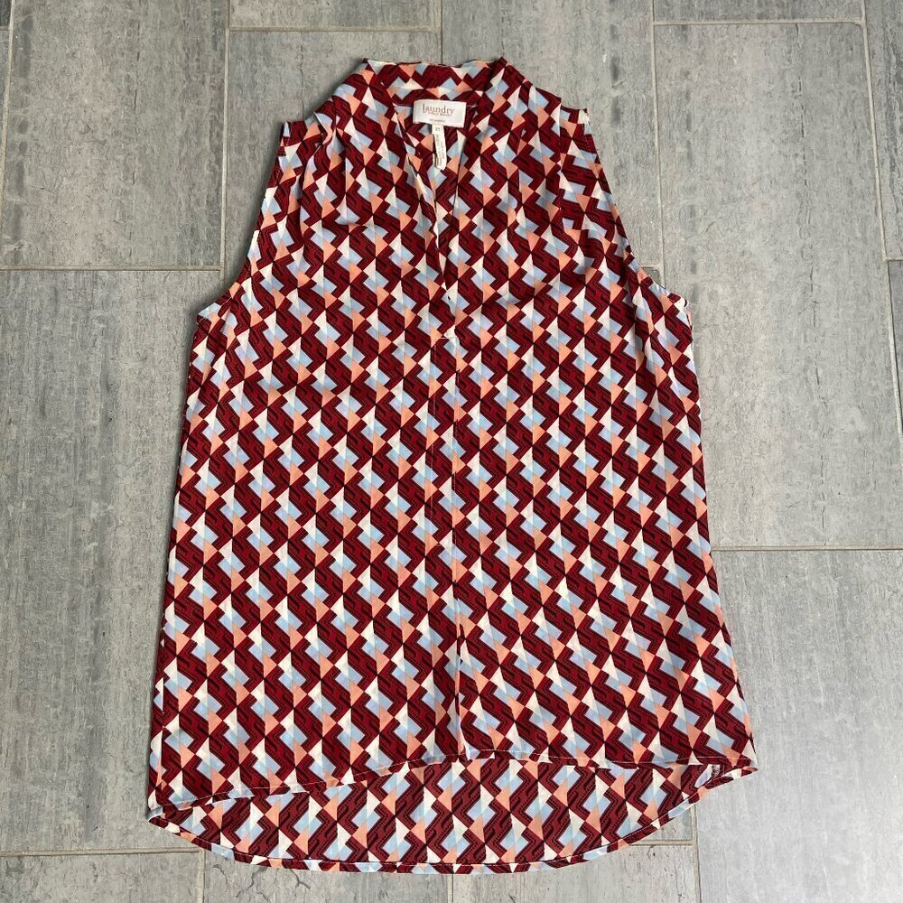 Laundry by Shelli Segal Sleeveless V-Neck High Low Colorful Geometric Blouse XS